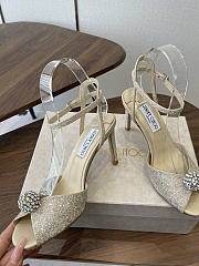 Jimmy Choo Sacora 85 Light Soft Gold Glitter Fabric Sandals with Crystal Sphere - 4