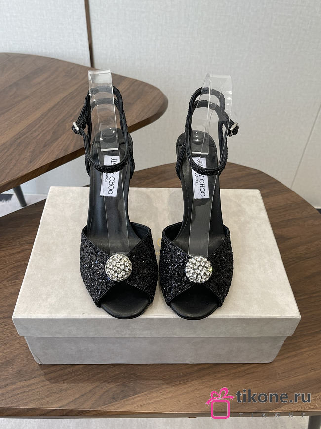 Jimmy Choo Sacora 85 Black Glitter Fabric Sandals with Crystal Sphere - 1