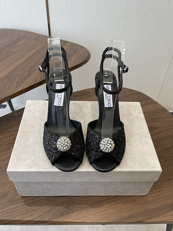 Jimmy Choo Sacora 85 Black Glitter Fabric Sandals with Crystal Sphere