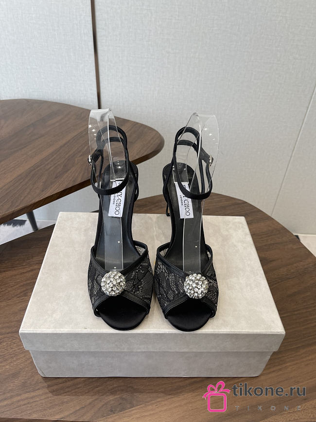 Jimmy Choo Sacora 85 Black Lace Sandals with Crystal-Embellished Sphere - 1