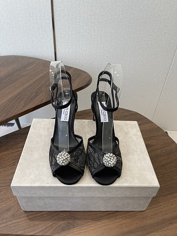 Jimmy Choo Sacora 85 Black Lace Sandals with Crystal-Embellished Sphere