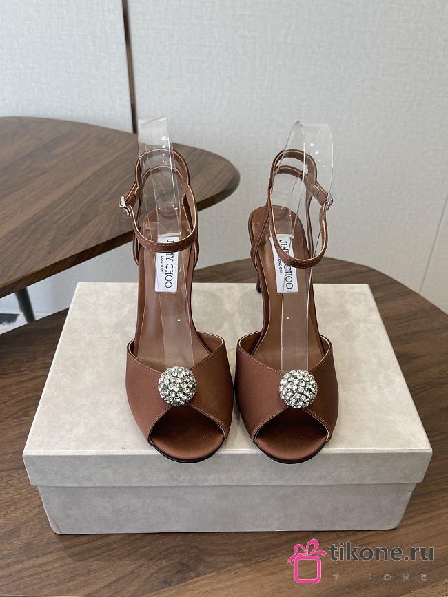 Jimmy Choo Sacora 85 Brown Satin Sandals with Crystal Sphere - 1