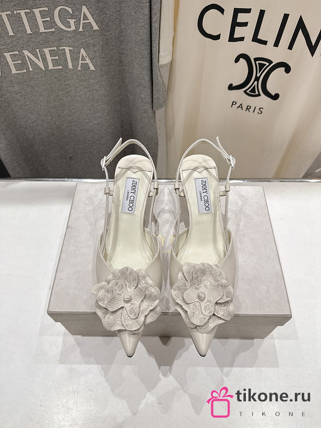 Jimmy Choo Mimmi Sling Back 50  Latte Shiny Nappa Leather Slingbacks with Lace Corsage - 1