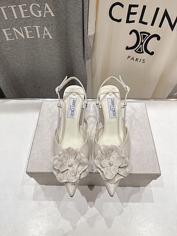 Jimmy Choo Mimmi Sling Back 50  Latte Shiny Nappa Leather Slingbacks with Lace Corsage