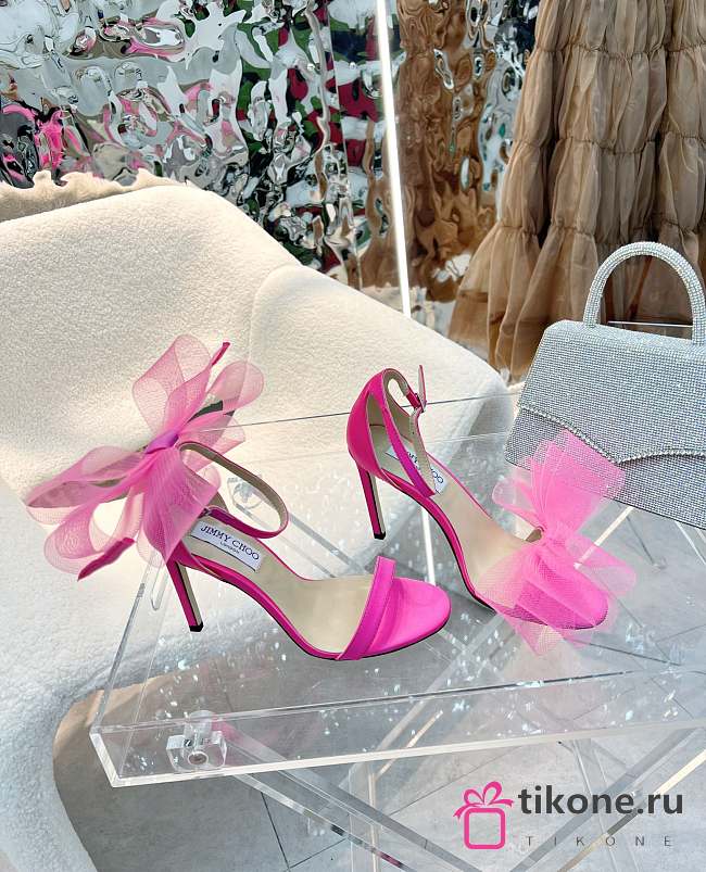 Jimmy Choo Aveline 100 Fuchsia Sandals with Asymmetric Grosgrain Mesh Fascinator Bows - 1