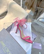 Jimmy Choo Aveline 100 Fuchsia Sandals with Asymmetric Grosgrain Mesh Fascinator Bows - 6
