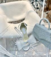 Jimmy Choo Aveline 100 Gray Sandals with Asymmetric Grosgrain Mesh Fascinator Bows - 4