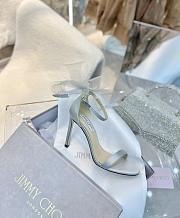 Jimmy Choo Aveline 100 Gray Sandals with Asymmetric Grosgrain Mesh Fascinator Bows - 5