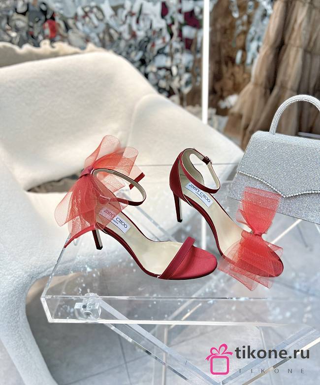 Jimmy Choo Aveline 100 Red Sandals with Asymmetric Grosgrain Mesh Fascinator Bows - 1