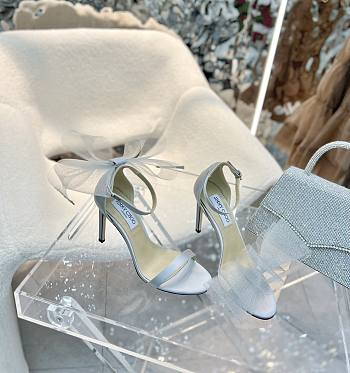 Jimmy Choo Aveline 100 Gray Sandals with Asymmetric Grosgrain Mesh Fascinator Bows