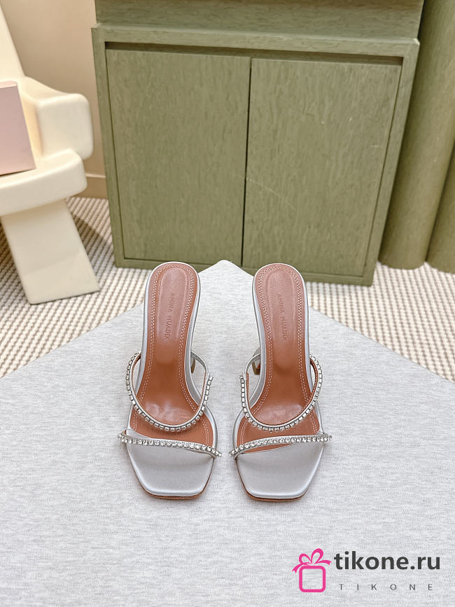Amina Muaddi Gigi Slipper 95 Silver Satin And White Crystals - 1