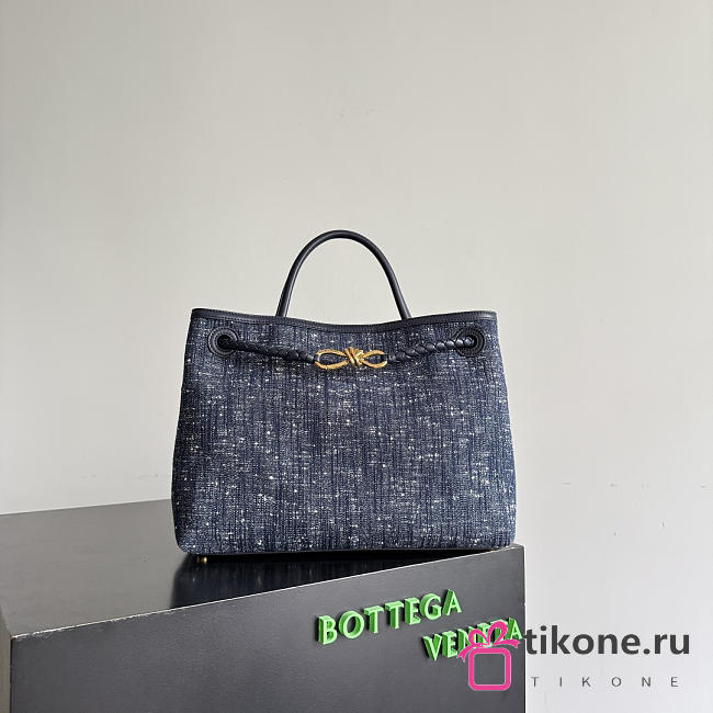 Bottega Veneta Andiamo in Denim Boucle Navy/White/Space (mini Intrecciato vichy lambskin lining)- 35x25x18cm - 1
