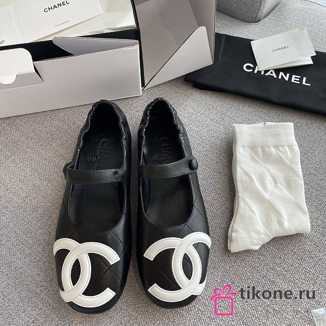Chanel Mary Jane Cambon Quilted Black White Logo Leather  - 1