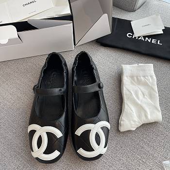Chanel Mary Jane Cambon Quilted Black White Logo Leather 