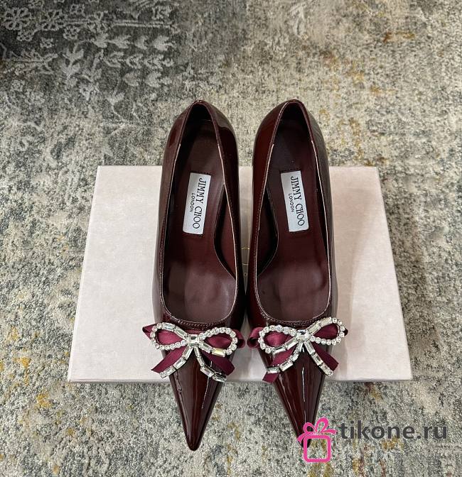 Jimmy Choo Auria 70 Deep Merlot Soft Spazzolato Pumps with Satin and Crystal Bows - 1
