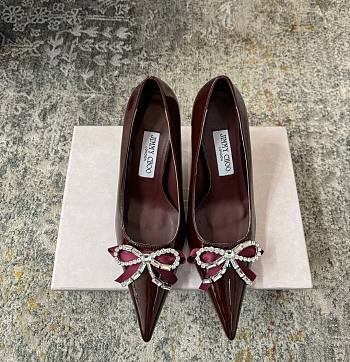Jimmy Choo Auria 70 Deep Merlot Soft Spazzolato Pumps with Satin and Crystal Bows