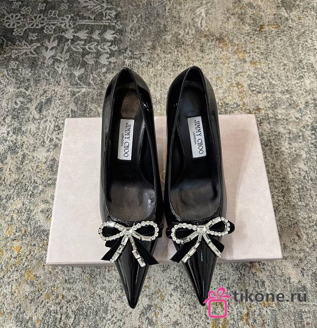 Jimmy Choo Auria 70 Black Soft Spazzolato Pumps with Velvet and Crystal Bow - 1