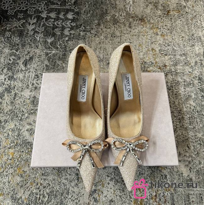 Jimmy Choo Auria 70 Light Soft Gold Caviar Glitter Fabric Pumps with Crystal Embellished Bows - 1