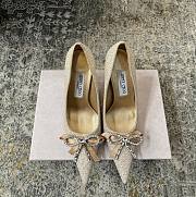 Jimmy Choo Auria 70 Light Soft Gold Caviar Glitter Fabric Pumps with Crystal Embellished Bows - 1