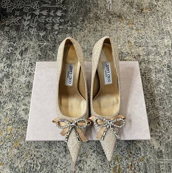 Jimmy Choo Auria 70 Light Soft Gold Caviar Glitter Fabric Pumps with Crystal Embellished Bows
