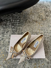 Jimmy Choo Auria 70 Light Soft Gold Caviar Glitter Fabric Pumps with Crystal Embellished Bows - 3