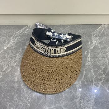 Dior D-Ocean Visor with Mitzah Straw with Blue and White Embroidered Band