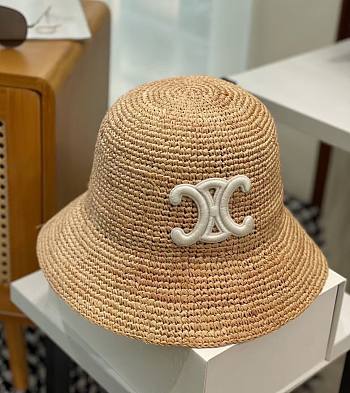 Celine Triomphe Bucket Hat In Raffia Natural/Cream