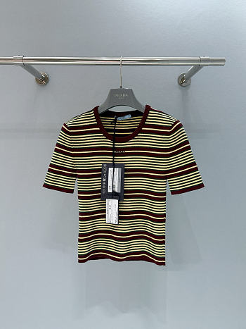 Prada Short-Sleeved Striped Cotton Sweater Amaranth/Cream P24B3E