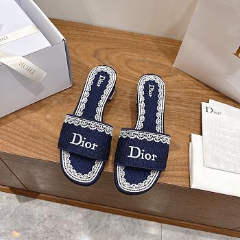 Dior Dentelle Heeled Slide Blue Dior Oblique Embroidered Cotton and White Lace 3.5cm