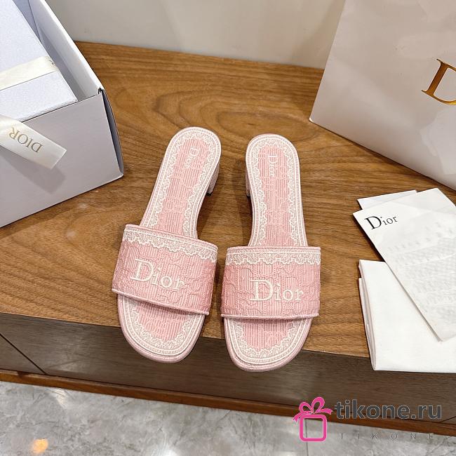 Dior Dentelle Heeled Slide Rose Soupir Dior Oblique Embroidered Cotton and White Lace 3.5cm - 1