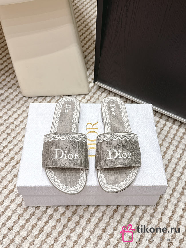Dior Dentelle Slide Gray Dior Oblique Embroidered Cotton and White Lace - 1