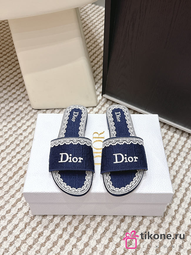 Dior Dentelle Slide Blue Dior Oblique Embroidered Cotton and White Lace - 1