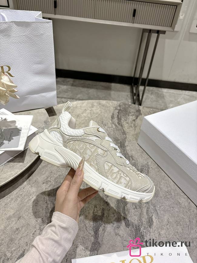 Dior Vibe Sneaker Cotton with Dior Oblique Embroidery in Gold-Tone Metallic Thread Off-White Mesh and Gray Suede Calfskin - 1