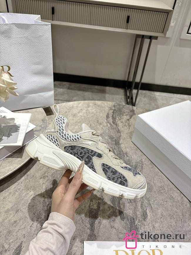 Dior Vibe Sneaker Deep Gray Dior Oblique Lusenti Embroidered Cotton with White Mesh and Light Gray Suede Calfskin - 1