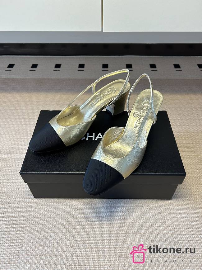 Chanel Slingbacks Laminated Lambskin & Grosgrain Light Gold & Black 65mm G31318 - 1