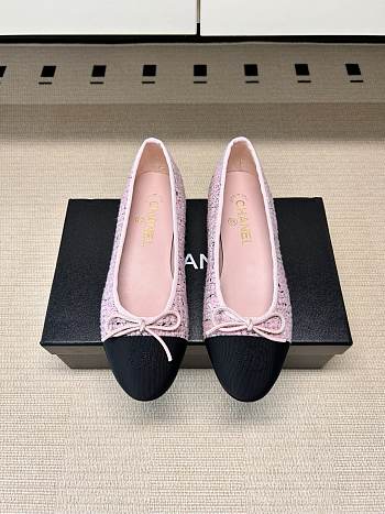 Chanel Ballet Flats Tweed & Grosgrain Pink Black & White G02819