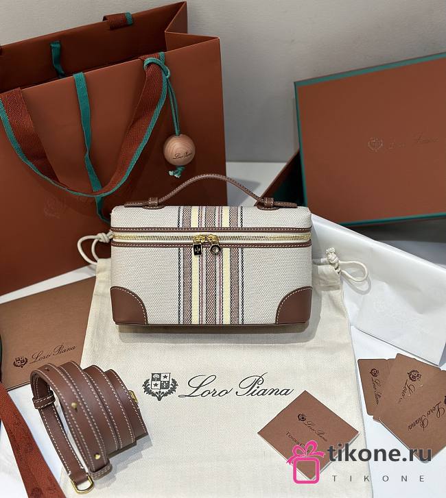 Loro Piana Extra Pocket L19 Cotton Linen Natural/Caramel Sugar Stripes - 19x7x12cm - 1