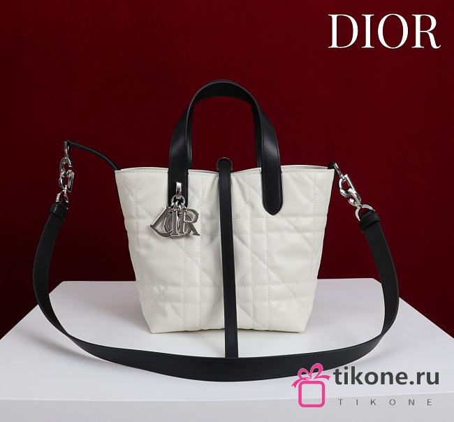 Small Dior Toujours Vertical Tote Bag Latte and Black Macrocannage Calfskin - 18x16x12cm - 1