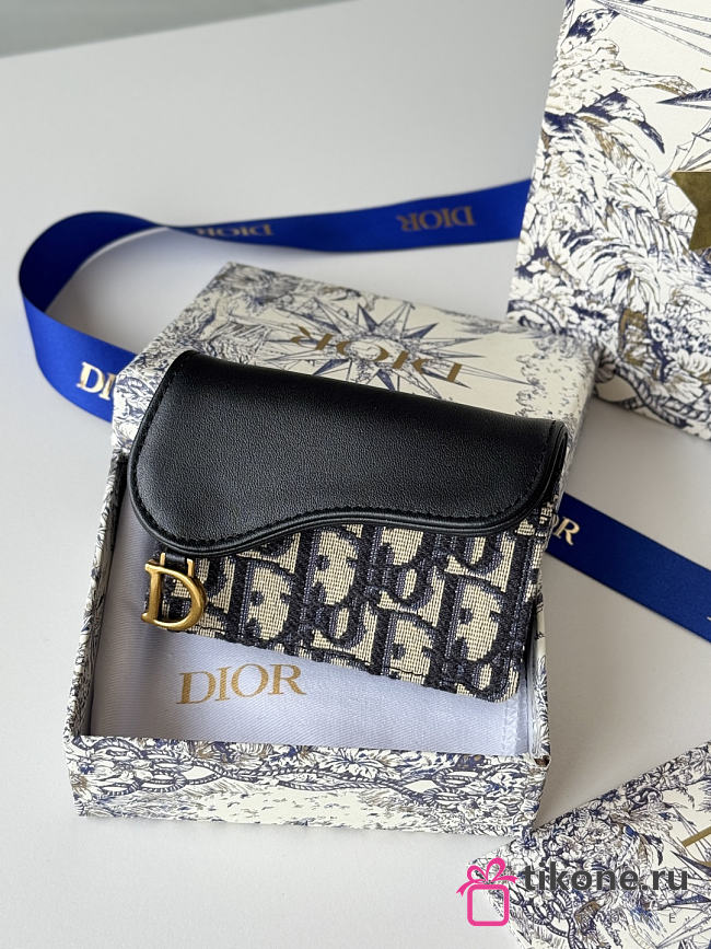 Saddle Bloom Card Holder Blue Dior Oblique Jacquard and Smooth Calfskin - 11x7.5x3cm - 1