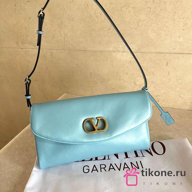 Valentino Garavani DeVain Small Shoulder Bag in Laminated Nappa Leather Azure - 23.5x12x3cm - 1