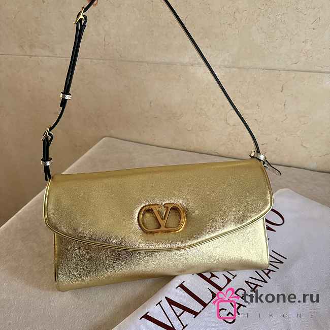 Valentino Garavani DeVain Small Shoulder Bag in Laminated Nappa Leather Gold - 23.5x12x3cm - 1