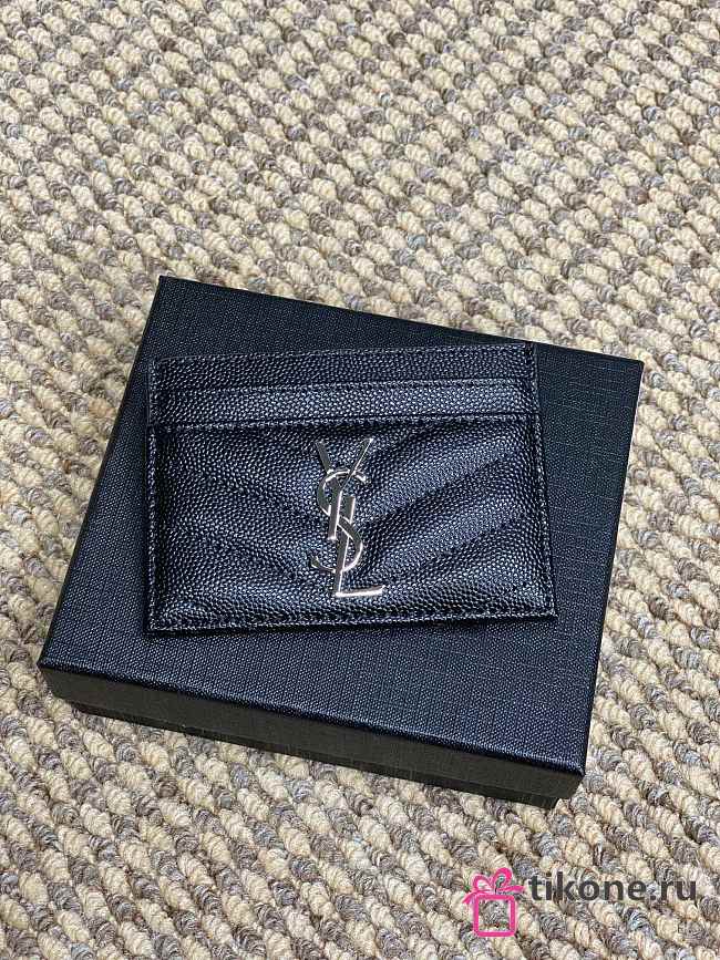 YSL Cassandre Matelasse Card Case In Grain De Poudre Leather Black Silver - 10.5x7.5x0.5cm - 1