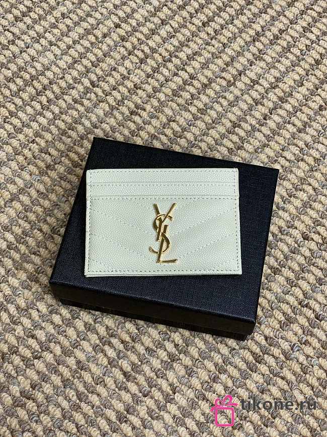 YSL Cassandre Matelasse Card Case In Grain De Poudre Leather White Gold - 10.5x7.5x0.5cm - 1