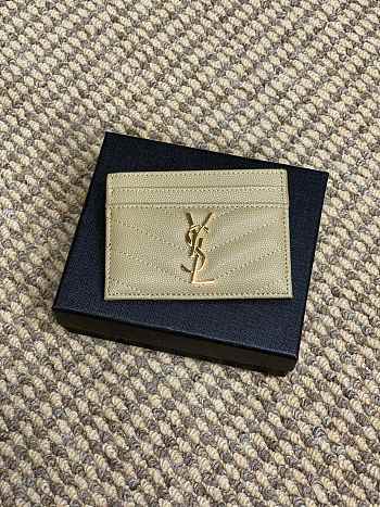 YSL Cassandre Matelasse Card Case In Grain De Poudre Leather Beige Gold - 10.5x7.5x0.5cm