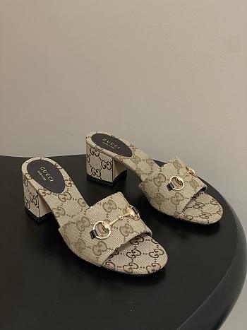 Gucci Women's Slide Dandal with Horsebit Camel and Brown GG Canvas 5.5cm