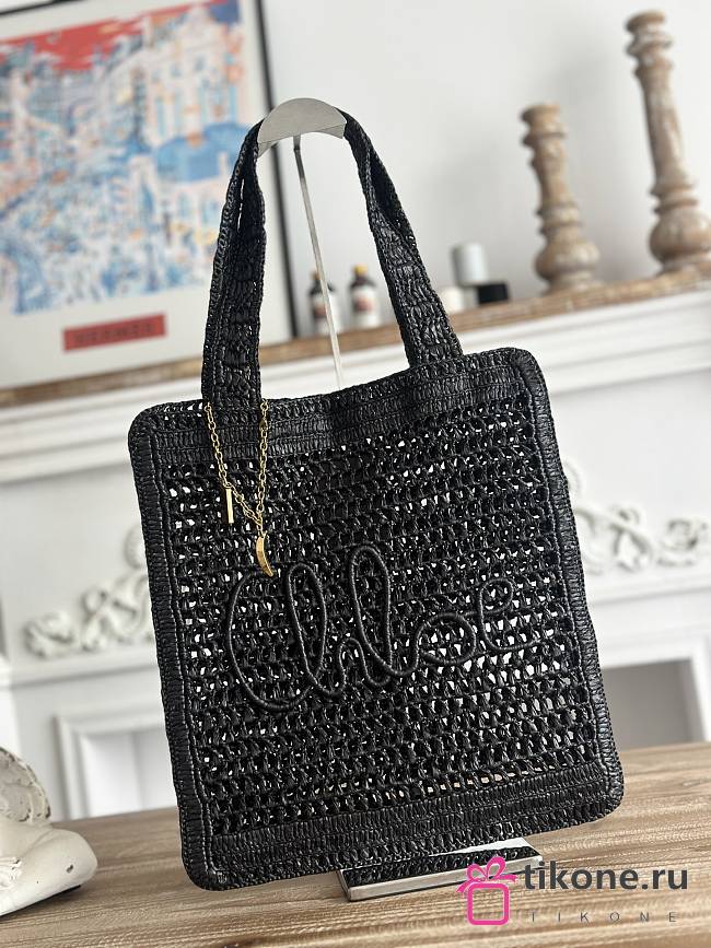 Chloe Summer Banana Tote Bag In Raffia Black - 37x33x2cm - 1