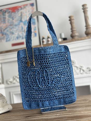 Chloe Summer Banana Tote Bag In Raffia Blue - 37x33x2cm