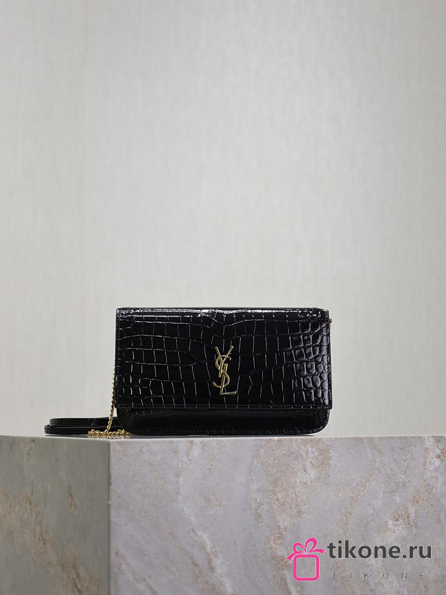 YSL Cassandre Phone Holder In Shiny Crocodile-Embossed Leather In Black - 18.5x11x2.5cm - 1