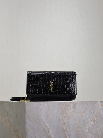 YSL Cassandre Phone Holder In Shiny Crocodile-Embossed Leather In Black - 18.5x11x2.5cm