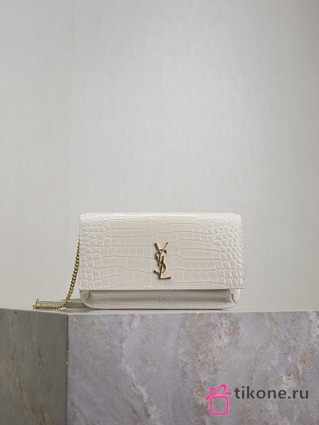 YSL Cassandre Phone Holder In Shiny Crocodile-Embossed Leather In White - 18.5x11x2.5cm - 1